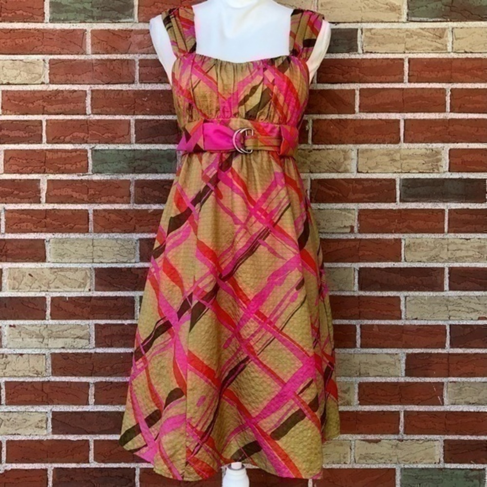 Nanette Lepore Silk Sweetheart Belted Empire Waist Tan Pink Sleeveless Dress 👗